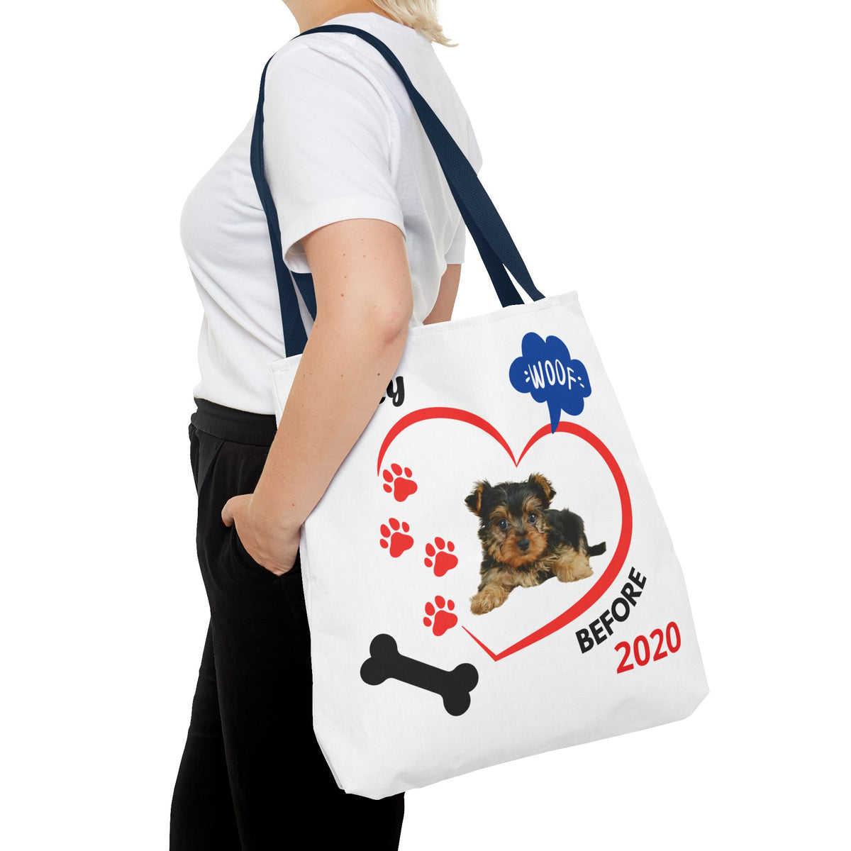 Personalized Puppy Photo & Name White Canvas Tote Bag — "Rocky" Before & Now Paw Print Design
