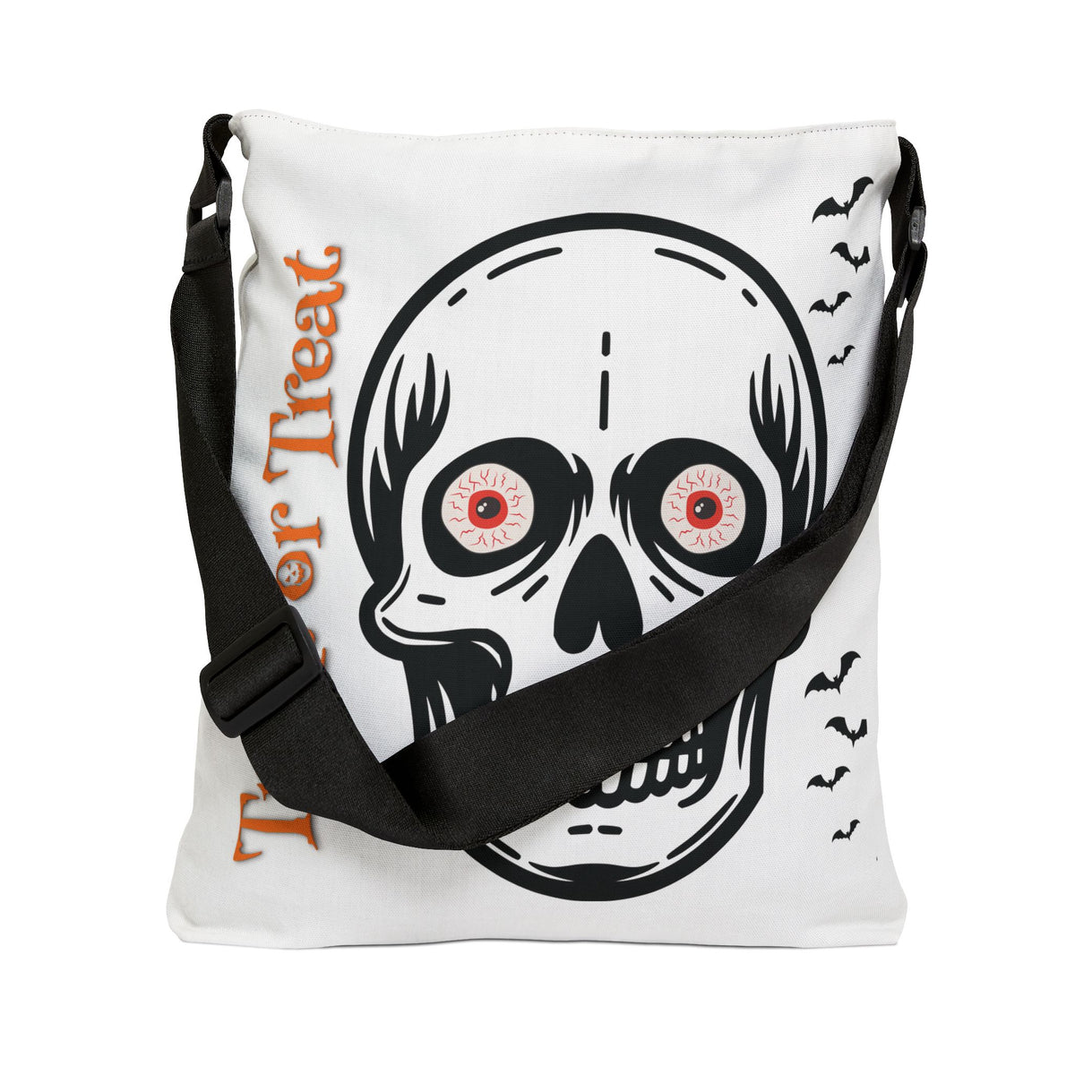 Personalized initial white and black Halloween Skull Tote Bag — "Trick or Treat" Adjustable Candy Bag