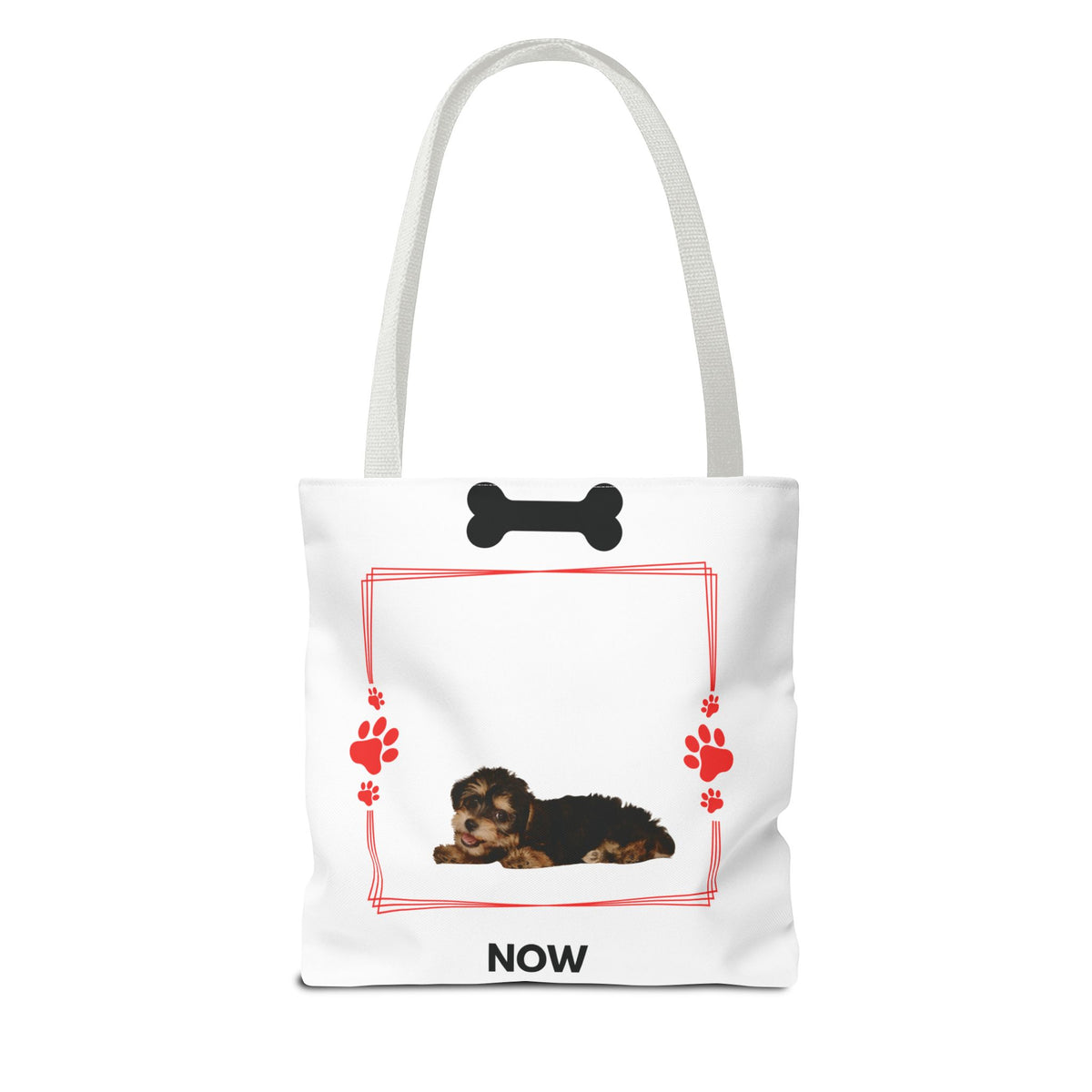 Personalized Puppy Photo & Name White Canvas Tote Bag — "Rocky" Before & Now Paw Print Design