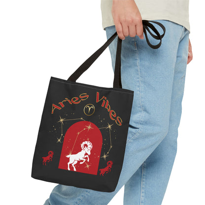 Personalized Initial & Birthdate Aries Vibes Black  Tote Bag — Zodiac Aries Horoscope Astrological Design (Born 1987)