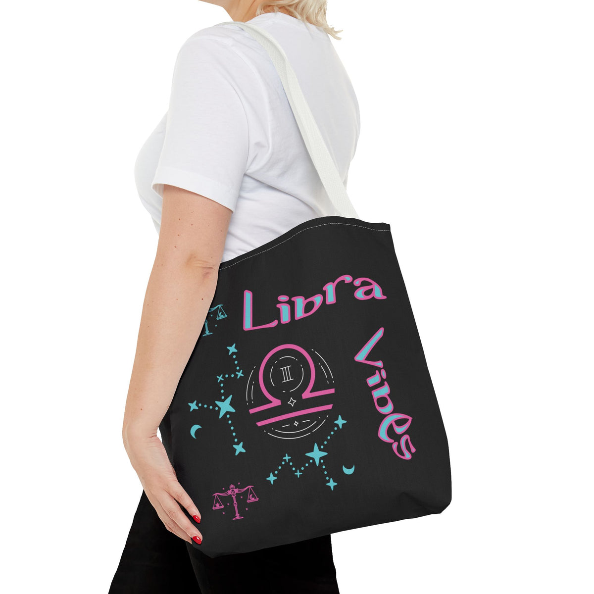 Personalized Initial & D.O.B Libra Zodiac Black Tote Bag with Traits & Birth Year (1997)