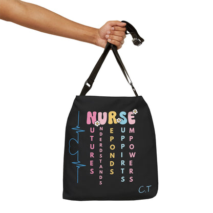 Personalized initial & Years of Services Nurse Black Adjustable Tote Bag