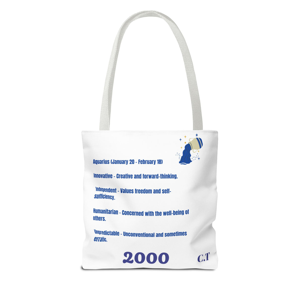 Aquarius Zodiac White Canvas Tote Bag — Personalized Birth Year & Initials