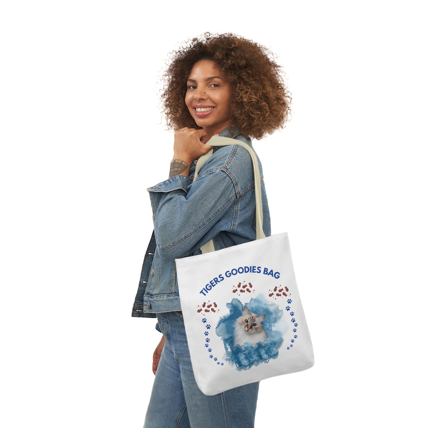 White and Blue Personalized Cat Canvas Tote Bag