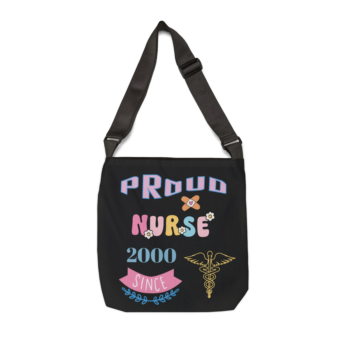Personalized initial & Years of Services Nurse Black Adjustable Tote Bag