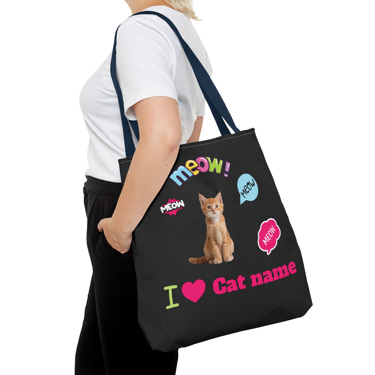 Personalized Cat Lover Canvas Tote Bag — "I  Cat name" Customizable Cat Photo Tote