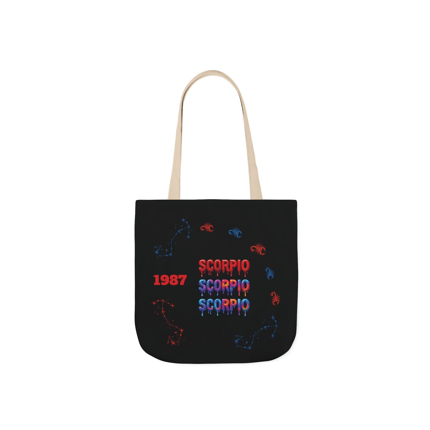 Personalized D.O.B Scorpio 1987 Tote Bag with initials in back — Zodiac Canvas Tote with Neon Scorpion Design