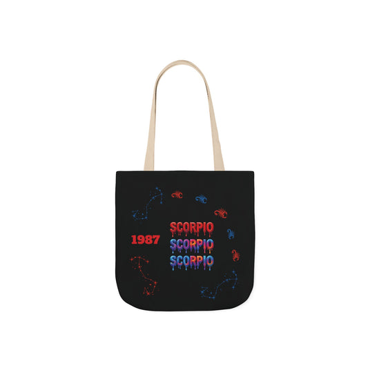 Personalized D.O.B Scorpio 1987 Tote Bag with initials in back — Zodiac Canvas Tote with Neon Scorpion Design