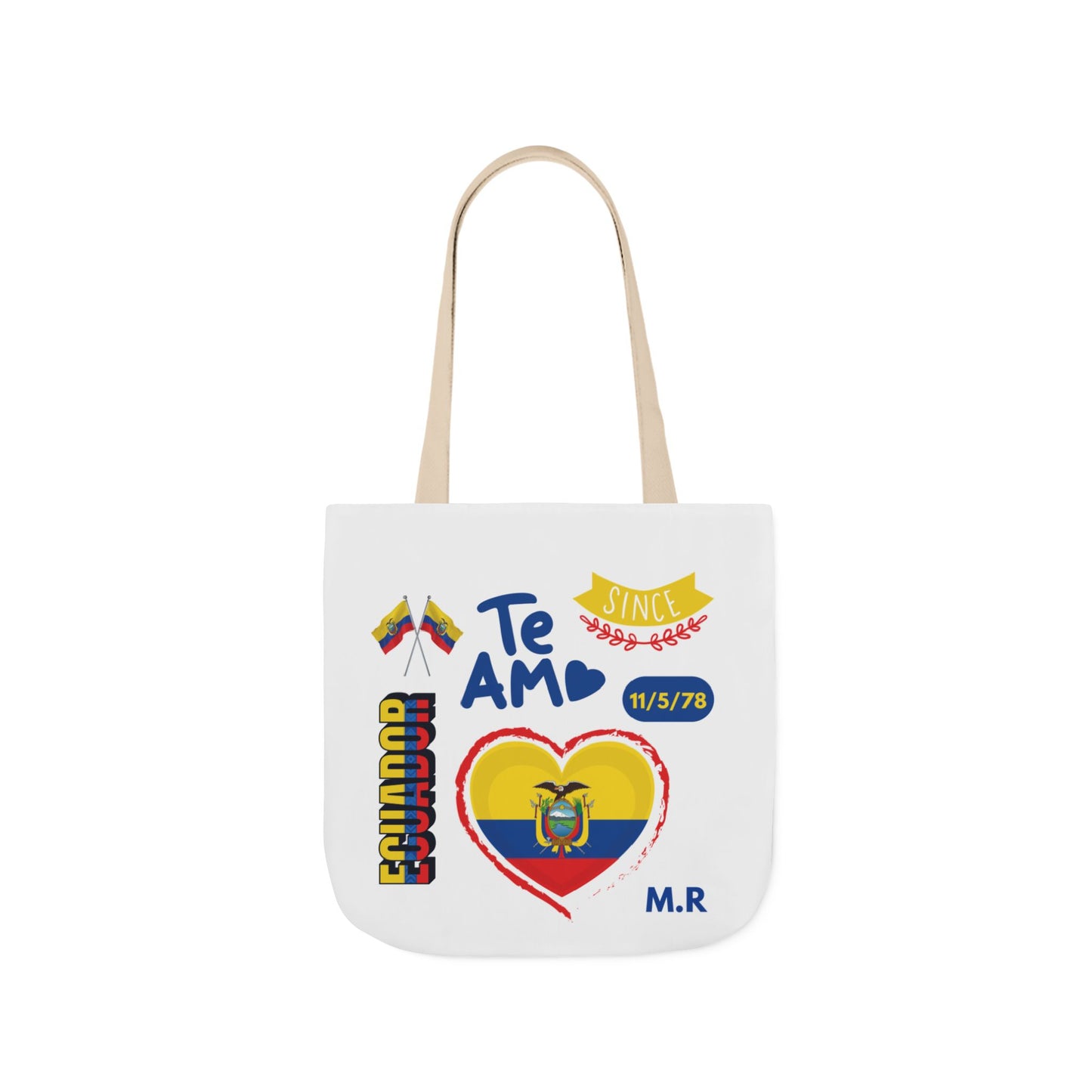 Ecuadorian Pride White Canvas Tote Bag with 5-Color Straps – Te Amo & Yo Soy Designs( Personalized Date of Birth & initials)