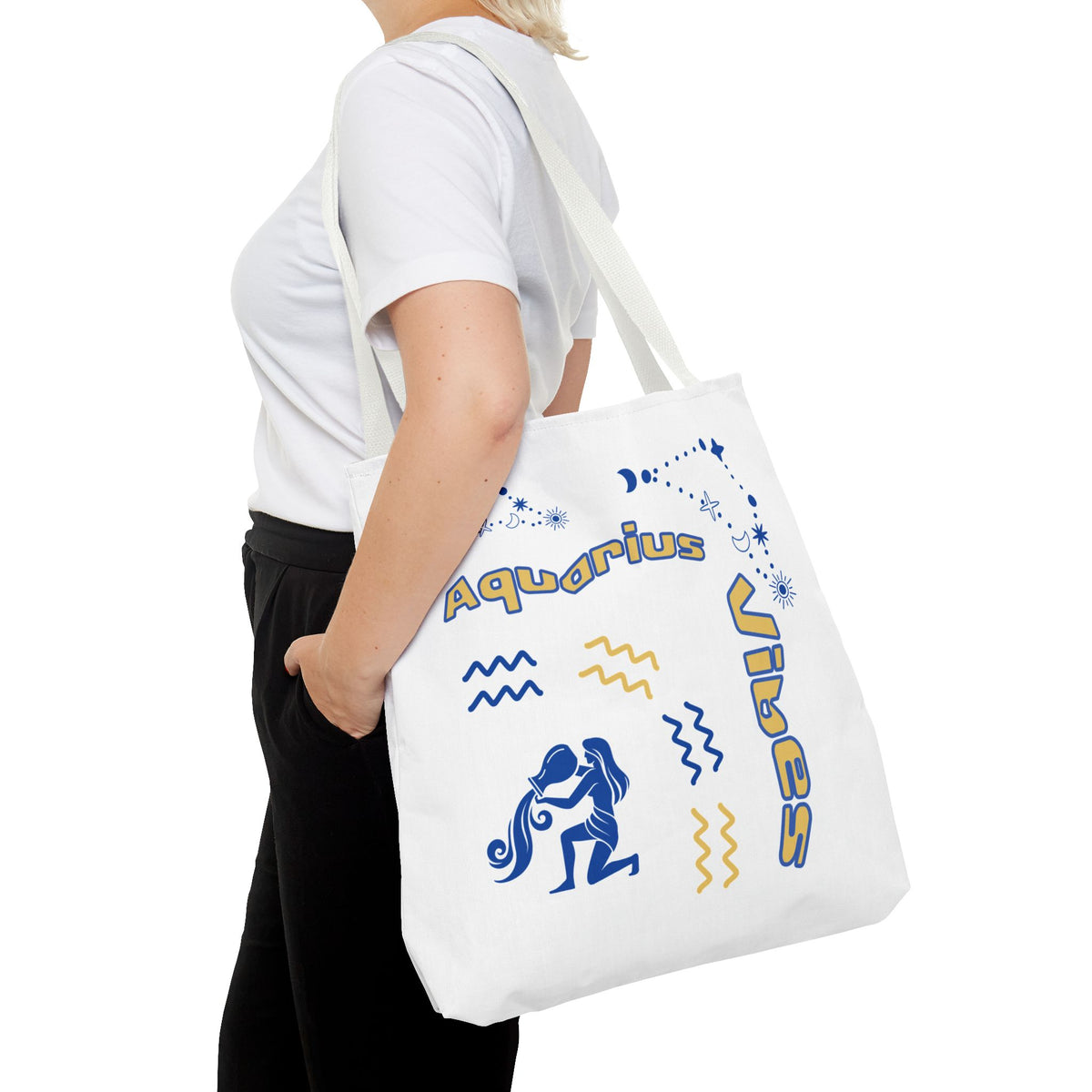 Aquarius Zodiac White Canvas Tote Bag — Personalized Birth Year & Initials