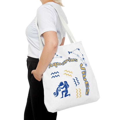 Aquarius Zodiac White Canvas Tote Bag — Personalized Birth Year & Initials