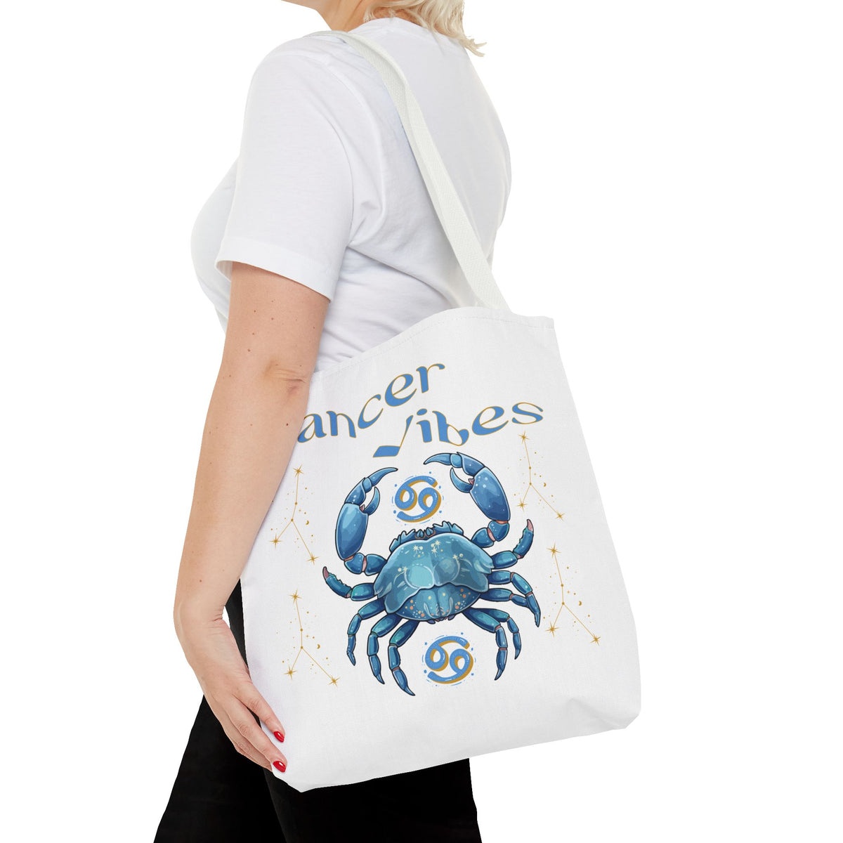 Personalized Initials & D.O.B Cancer Zodiac White Canvas Tote Bag – June 21–July 22 Astrology Gift