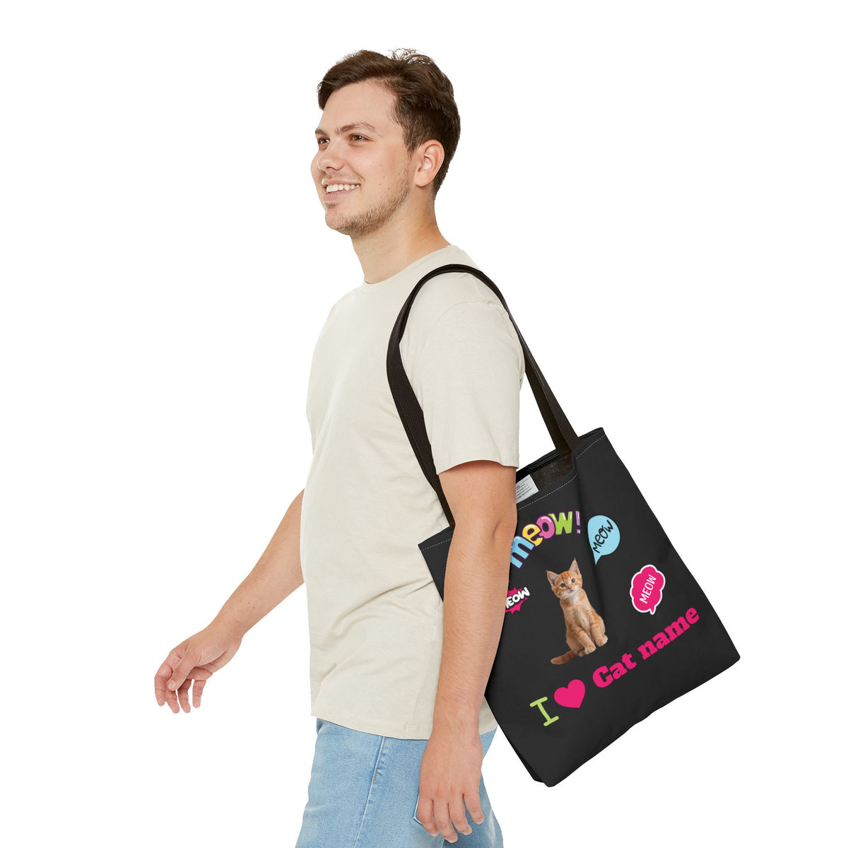 Personalized Cat Lover Canvas Tote Bag — "I  Cat name" Customizable Cat Photo Tote