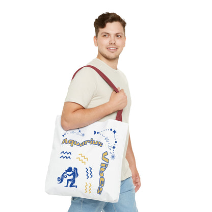 Aquarius Zodiac White Canvas Tote Bag — Personalized Birth Year & Initials