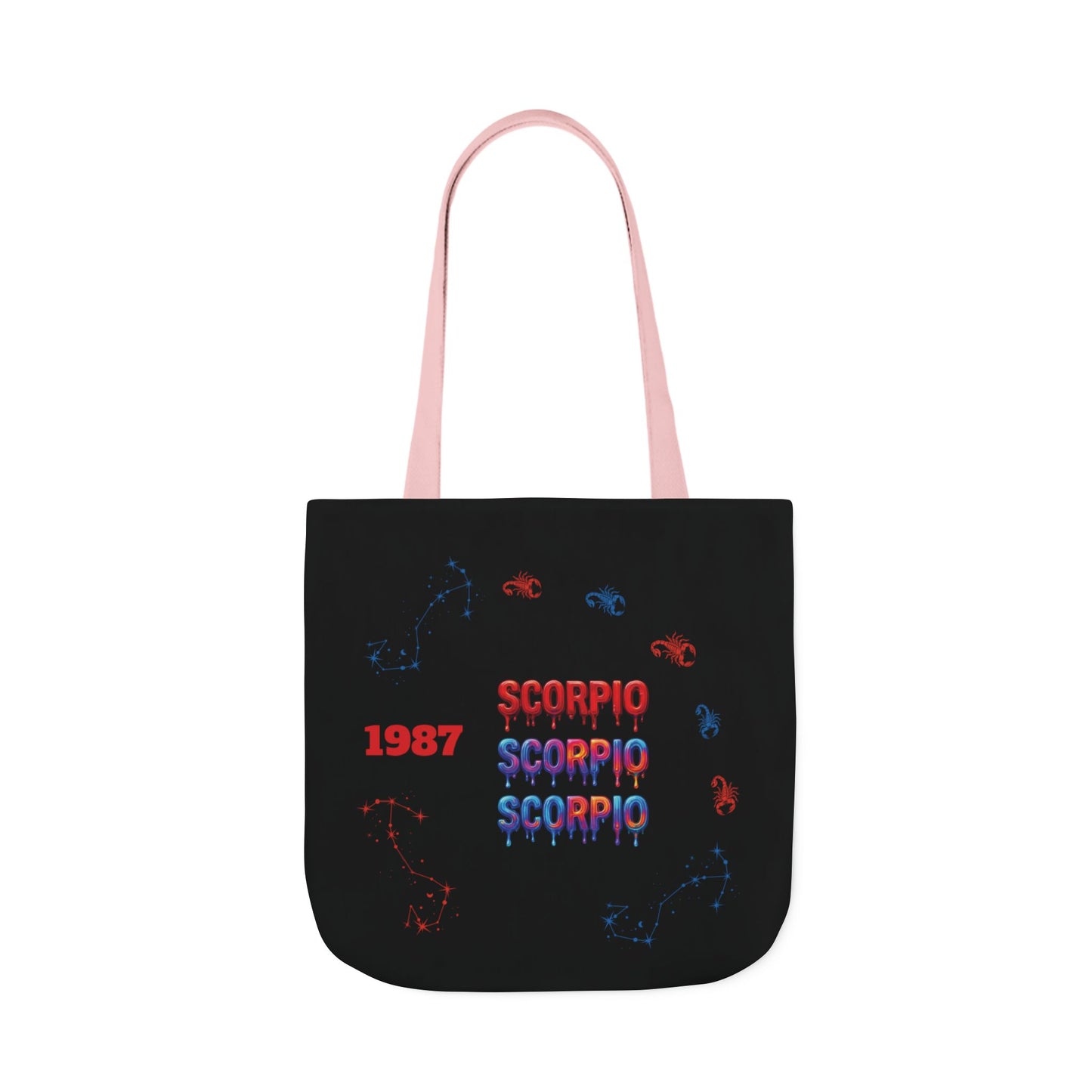 Personalized D.O.B Scorpio 1987 Tote Bag with initials in back — Zodiac Canvas Tote with Neon Scorpion Design