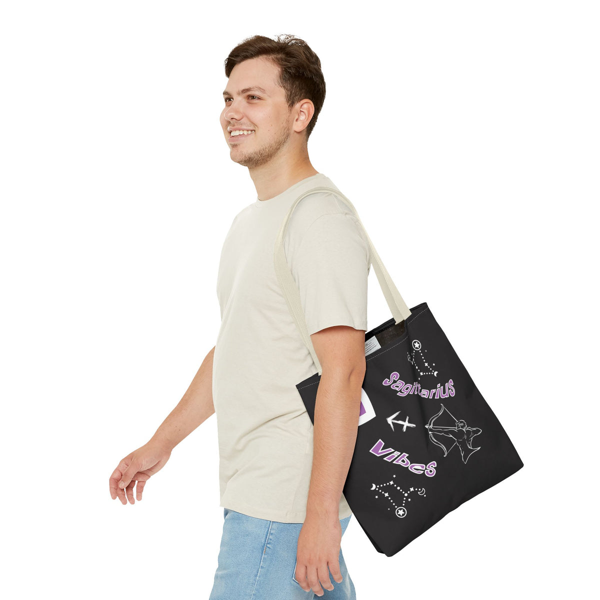 Personalized Initial & D.O.B Sagittarius Zodiac BlackCanvas Tote Bag