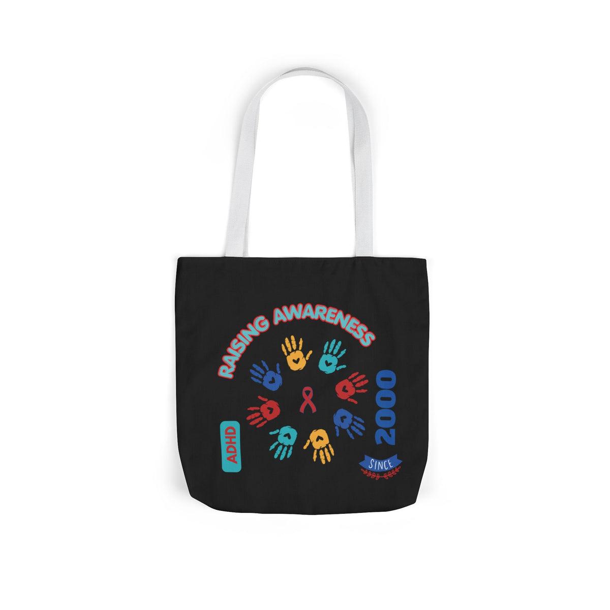 ADHD Awareness Rainbow Ribbon Canvas Tote with Personalized awareness year.