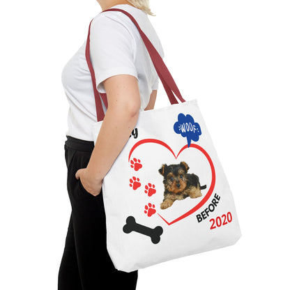 Personalized Puppy Photo & Name White Canvas Tote Bag — "Rocky" Before & Now Paw Print Design