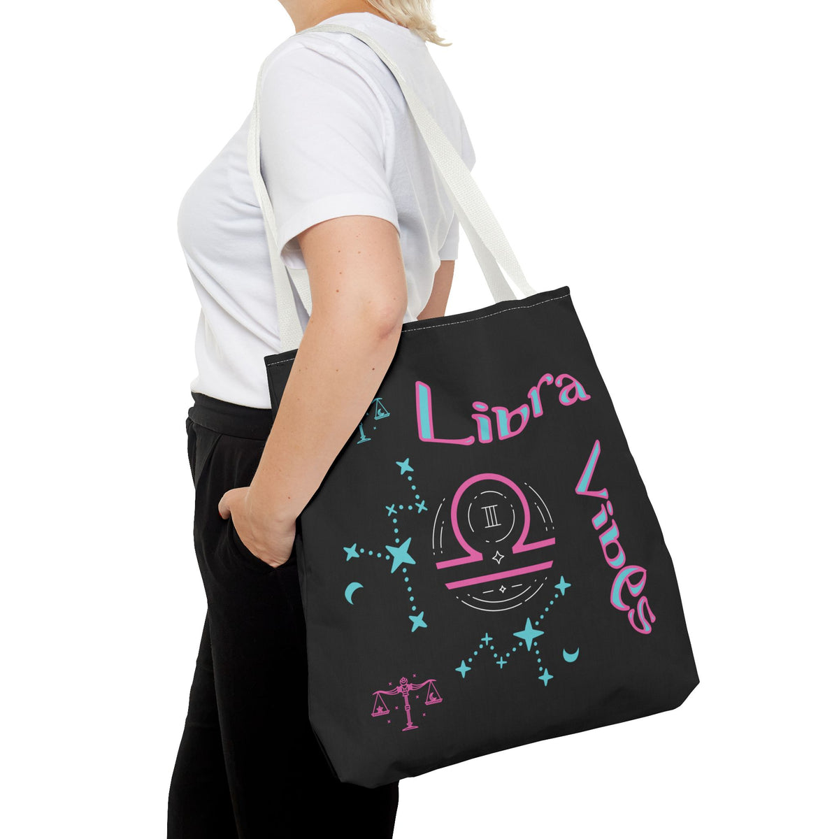 Personalized Initial & D.O.B Libra Zodiac Black Tote Bag with Traits & Birth Year (1997)