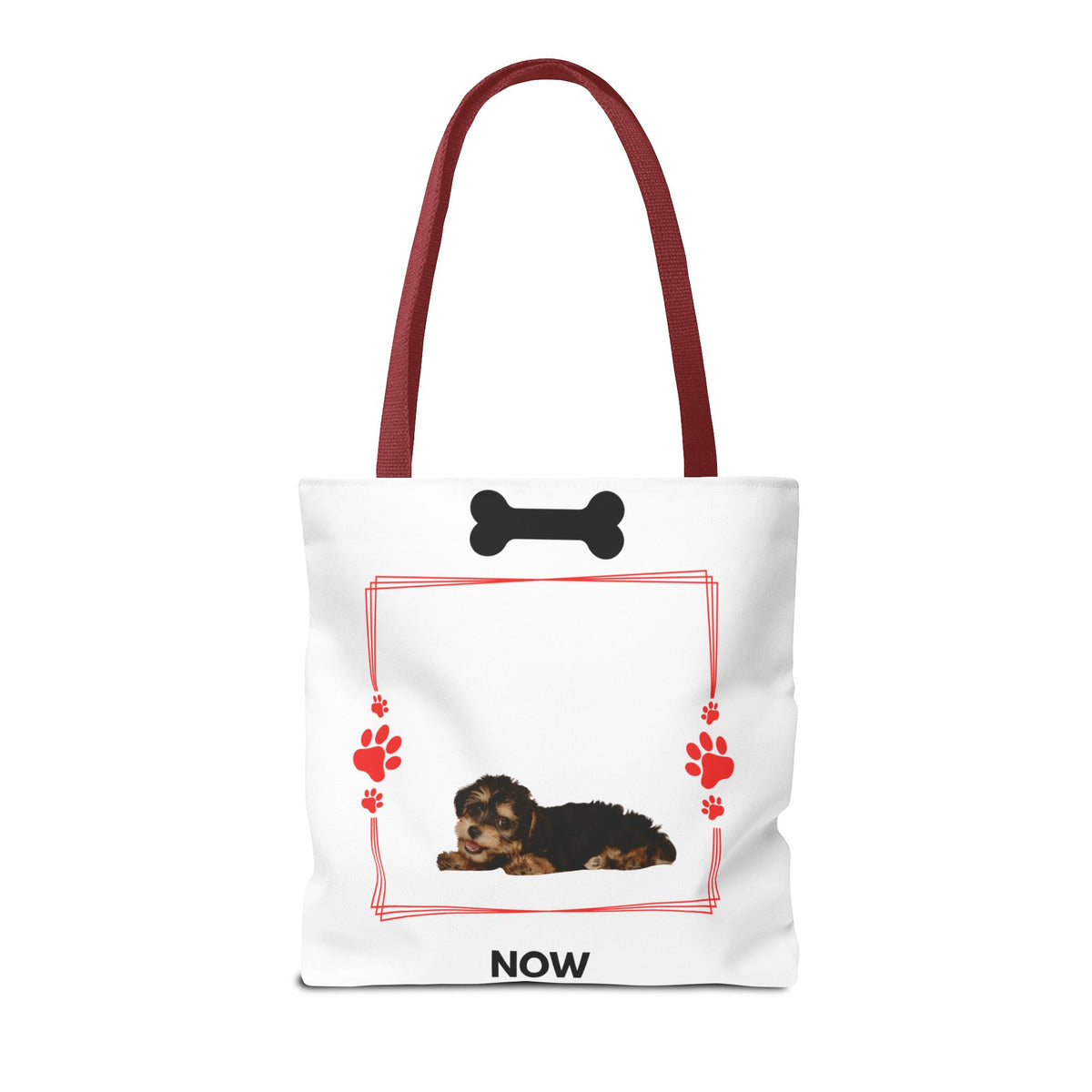 Personalized Puppy Photo & Name White Canvas Tote Bag — "Rocky" Before & Now Paw Print Design