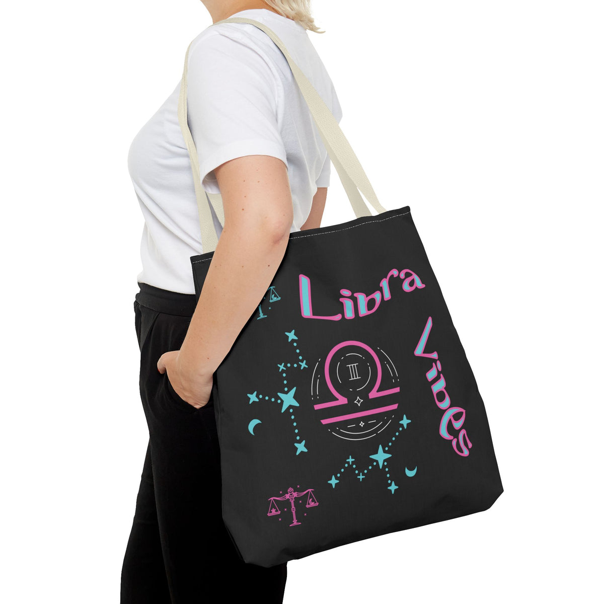 Personalized Initial & D.O.B Libra Zodiac Black Tote Bag with Traits & Birth Year (1997)