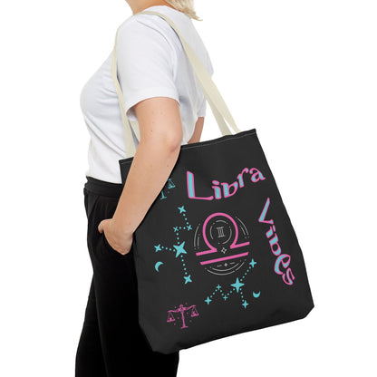 Personalized Initial & D.O.B Libra Zodiac Black Tote Bag with Traits & Birth Year (1997)