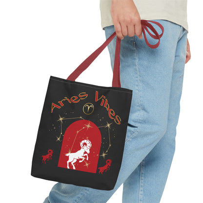 Personalized Initial & Birthdate Aries Vibes Black  Tote Bag — Zodiac Aries Horoscope Astrological Design (Born 1987)