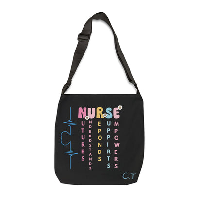 Personalized initial & Years of Services Nurse Black Adjustable Tote Bag