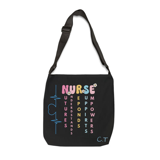 Personalized initial & Years of Services Nurse Black Adjustable Tote Bag