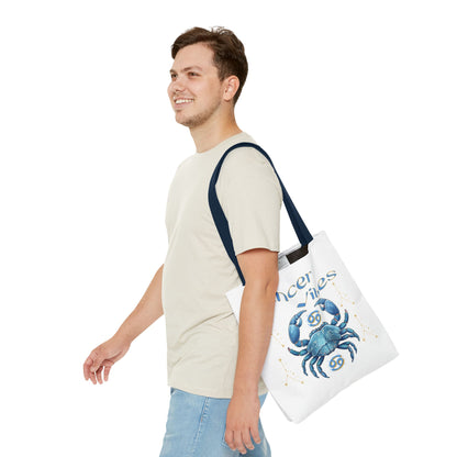 Personalized Initials & D.O.B Cancer Zodiac White Canvas Tote Bag – June 21–July 22 Astrology Gift