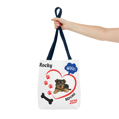 Personalized Puppy Photo & Name White Canvas Tote Bag — "Rocky" Before & Now Paw Print Design