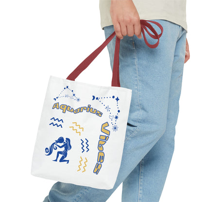 Aquarius Zodiac White Canvas Tote Bag — Personalized Birth Year & Initials