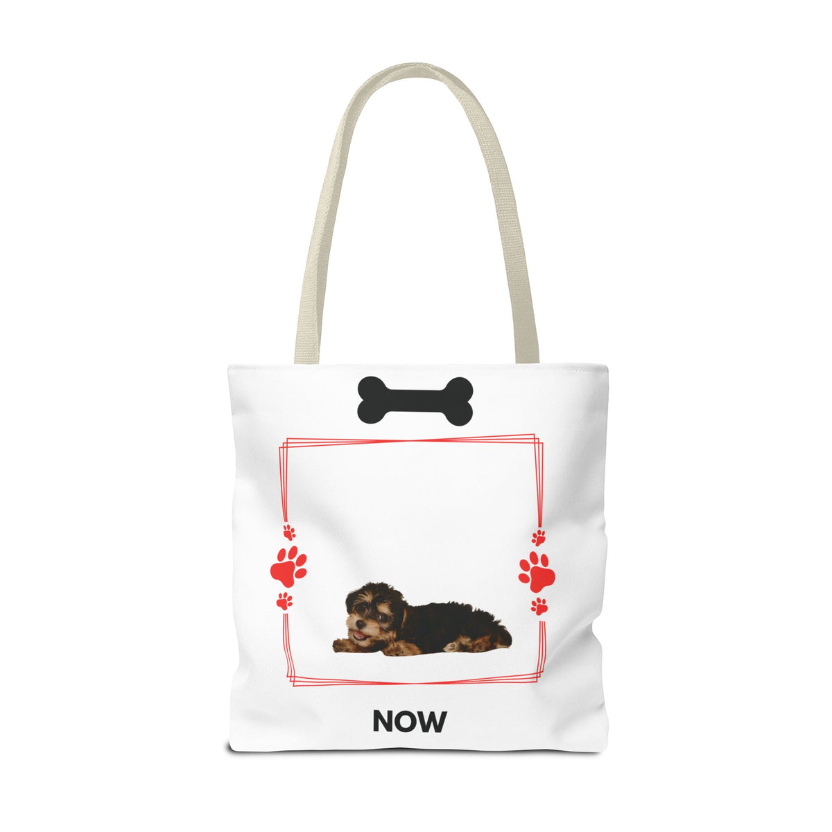 Personalized Puppy Photo & Name White Canvas Tote Bag — "Rocky" Before & Now Paw Print Design
