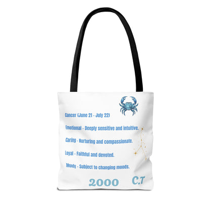 Personalized Initials & D.O.B Cancer Zodiac White Canvas Tote Bag – June 21–July 22 Astrology Gift