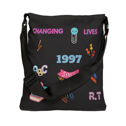 Personalized initial & Teaching Year Black Adjustable Tote Bag — 'Changing Lives Since 1997'
