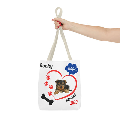 Personalized Puppy Photo & Name White Canvas Tote Bag — "Rocky" Before & Now Paw Print Design