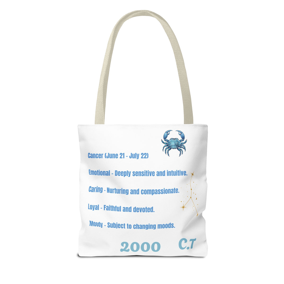 Personalized Initials & D.O.B Cancer Zodiac White Canvas Tote Bag – June 21–July 22 Astrology Gift