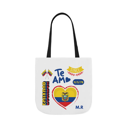 Ecuadorian Pride White Canvas Tote Bag with 5-Color Straps – Te Amo & Yo Soy Designs( Personalized Date of Birth & initials)