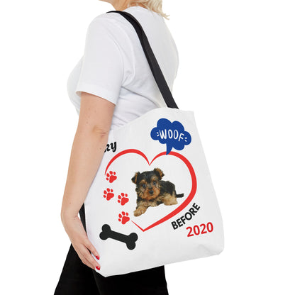 Personalized Puppy Photo & Name White Canvas Tote Bag — "Rocky" Before & Now Paw Print Design