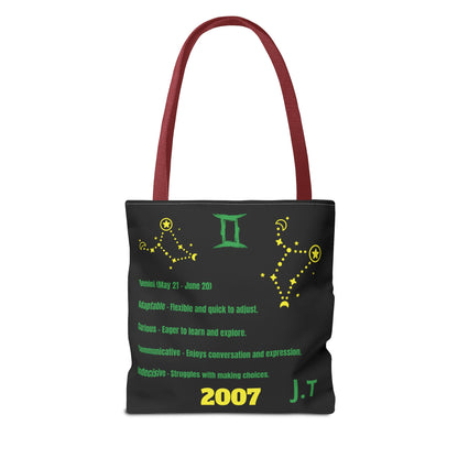 Personalized Initial & D.O.B Gemini Vibes black Zodiac Tote Bag