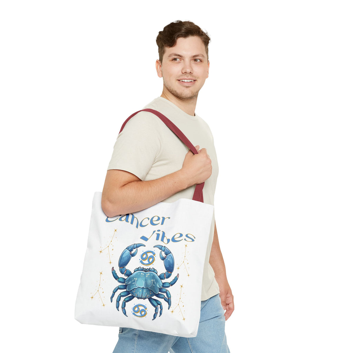 Personalized Initials & D.O.B Cancer Zodiac White Canvas Tote Bag – June 21–July 22 Astrology Gift
