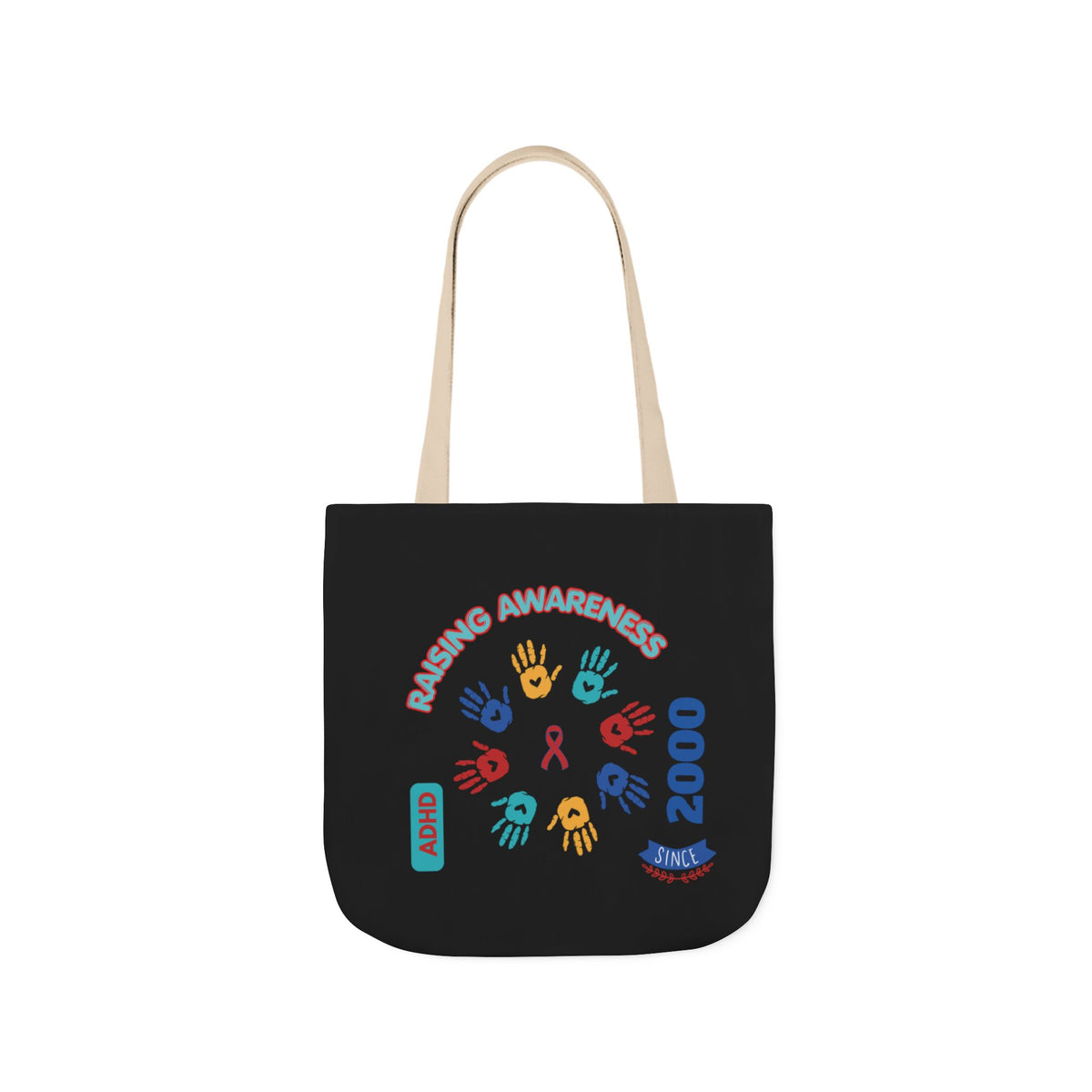 ADHD Awareness Rainbow Ribbon Canvas Tote with Personalized awareness year.