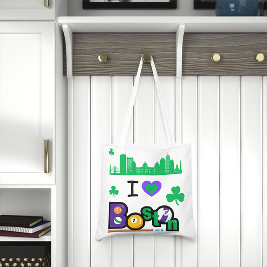 White boston shoulder Tote Bag with green elements infront.