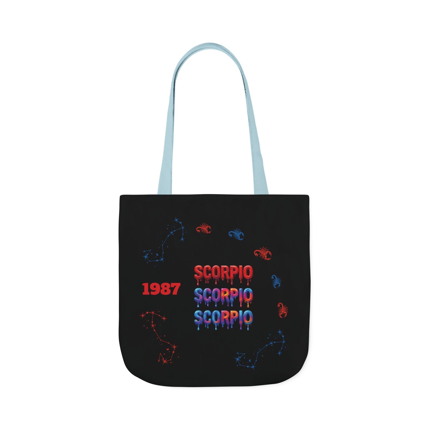Personalized D.O.B Scorpio 1987 Tote Bag with initials in back — Zodiac Canvas Tote with Neon Scorpion Design
