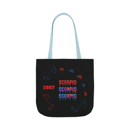 Personalized D.O.B Scorpio 1987 Tote Bag with initials in back — Zodiac Canvas Tote with Neon Scorpion Design