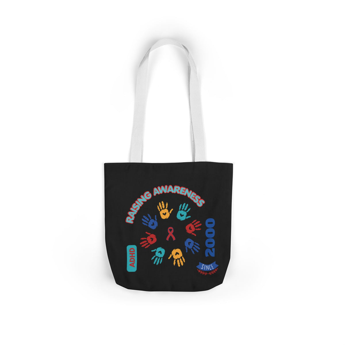 ADHD Awareness Rainbow Ribbon Canvas Tote with Personalized awareness year.