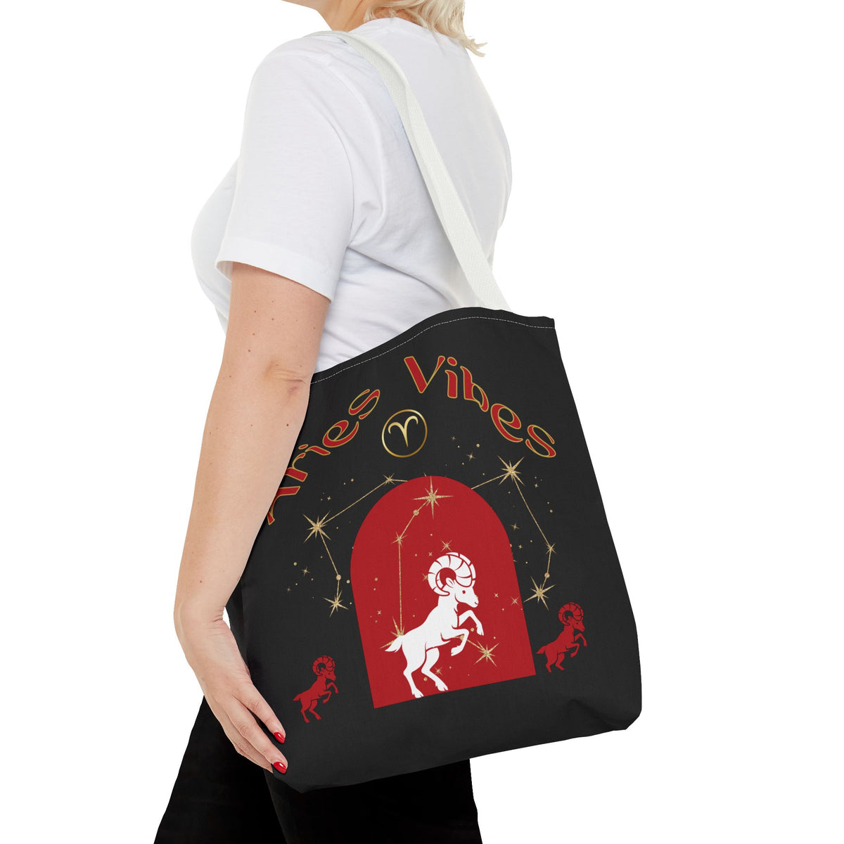 Personalized Initial & Birthdate Aries Vibes Black  Tote Bag — Zodiac Aries Horoscope Astrological Design (Born 1987)