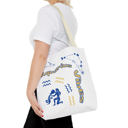 Aquarius Zodiac White Canvas Tote Bag — Personalized Birth Year & Initials