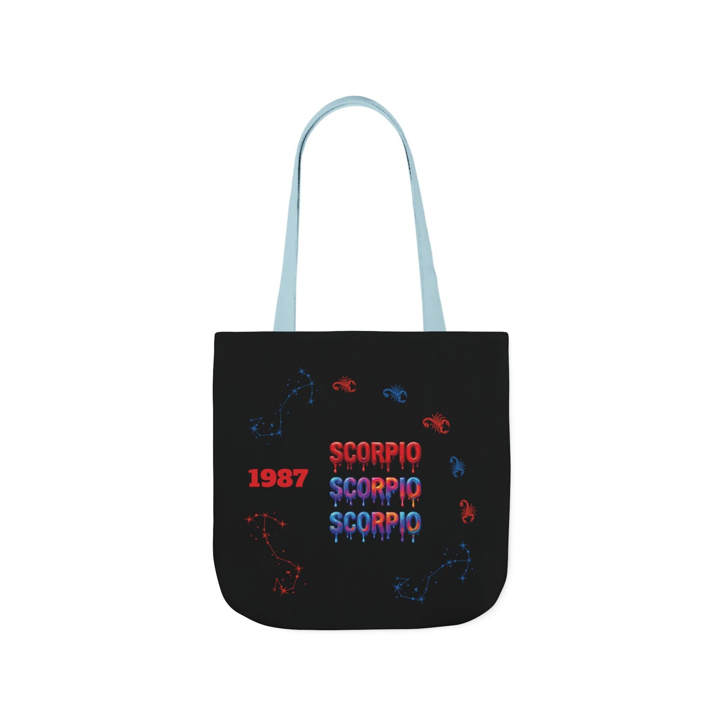 Personalized D.O.B Scorpio 1987 Tote Bag with initials in back — Zodiac Canvas Tote with Neon Scorpion Design