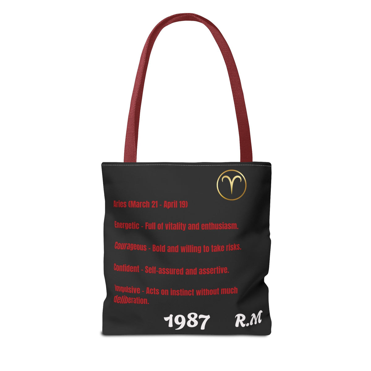 Personalized Initial & Birthdate Aries Vibes Black  Tote Bag — Zodiac Aries Horoscope Astrological Design (Born 1987)